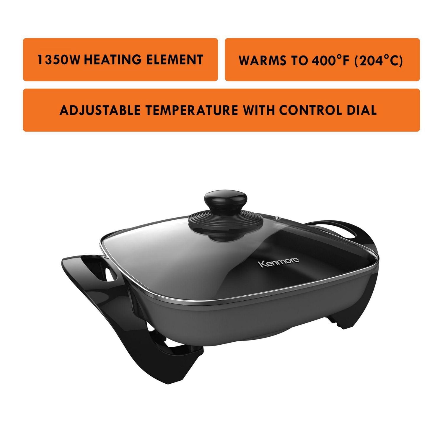 Kenmore Non-Stick Electric Skillet, 12x12" with Glass Lid, Black/Grey