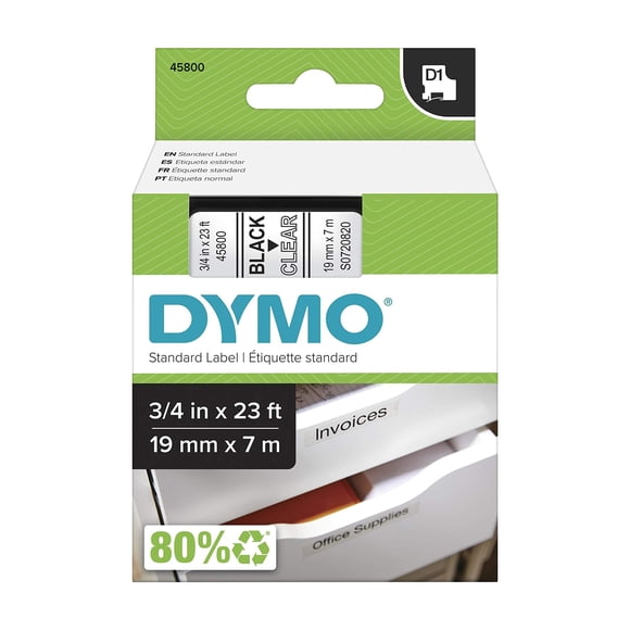 Dymo Ruban d'Étiquetage Standard D1 43610 (Impression Noire sur Ruban Transparent, 1/4 Pieds' L X 23 Pieds L, 1 Cartouche), Dymo Authentique
