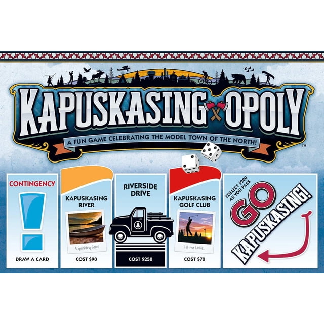 Kapuskasing-Opoly board game section showing property cards Kapuskasing River ($90) with a boat photo, Riverside Drive ($250) with a black truck icon, and Kapuskasing Golf Club ($70) featuring a golfer silhouette, plus a Contingency card space to draw a card and a GO Kapuskasing space to collect $200 passing start, with two dice above the board.