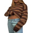 thumbnail image 3 of Women Y2K Vintage Brown Striped Patchwork Knitted Sweater Pullover, 3 of 6