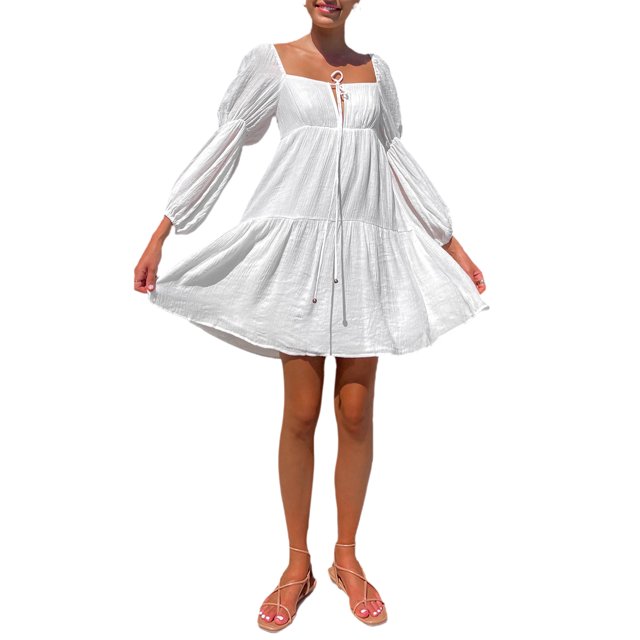 Kmbangi Femmes Robes à Manches Longues Bateau Cou Couleur Unie Cordon Casual Partie Printemps Été Robe