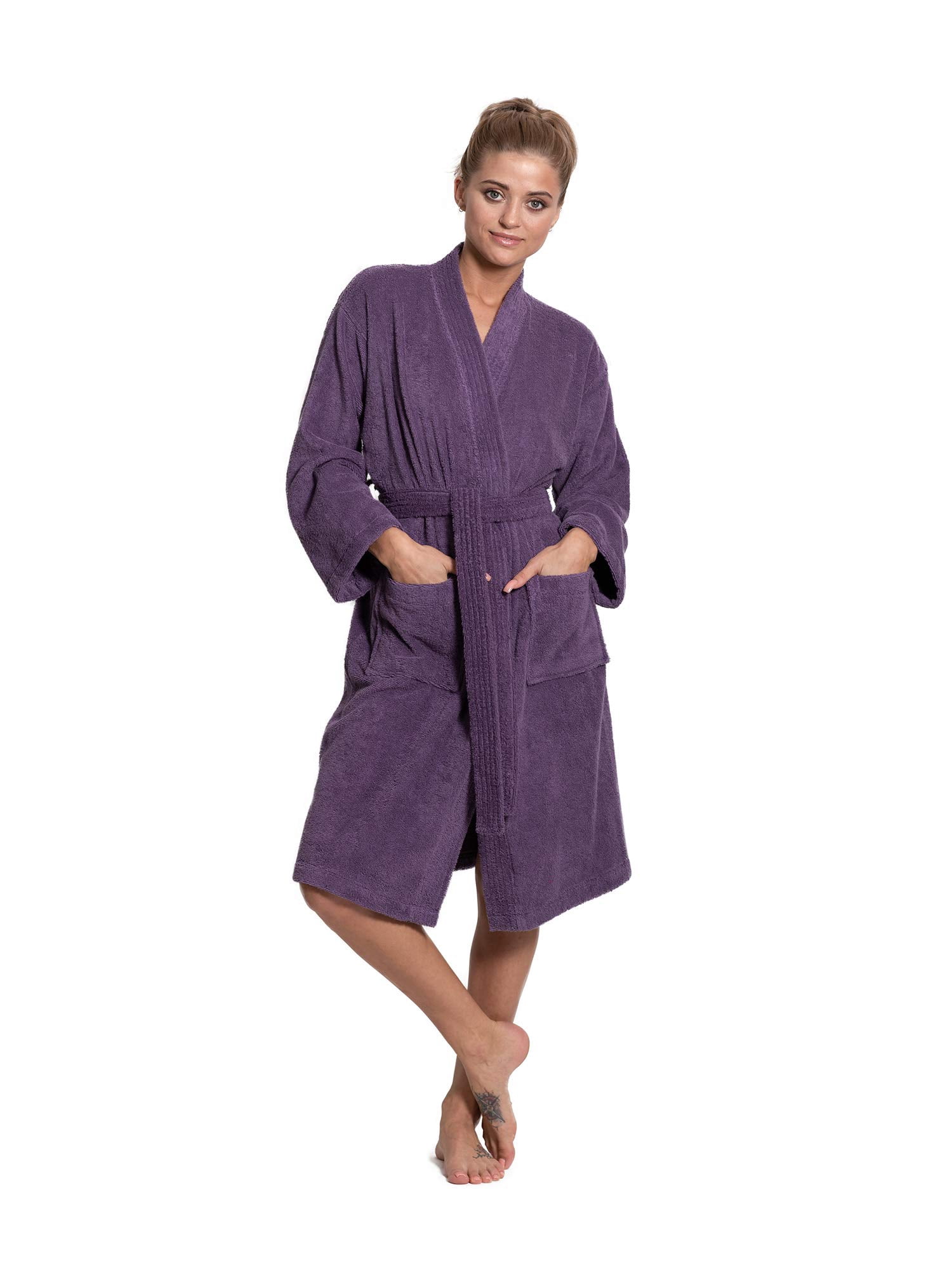 Turkuoise Women's 100% Cotton Turkish Terry Cloth Kimono Bathrobes, Plum, One Size