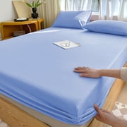 Fiber Sheet Light Blue Washed Cotton Fitted Sheet Double Bed Non-Slip Mattress Protector Cover with Soft Fiber(1Pcs) JASKFLY