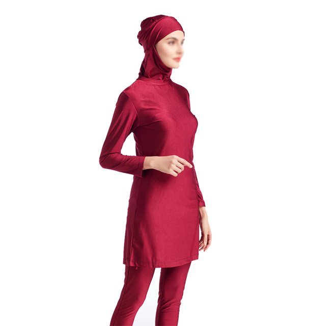 Innerwin Maillot de Bain pour Femme Trois Pièces Style Musulman Col Ras du Cou Tenue de Bain Couvrance Totale Bord de Mer Rouge TTG