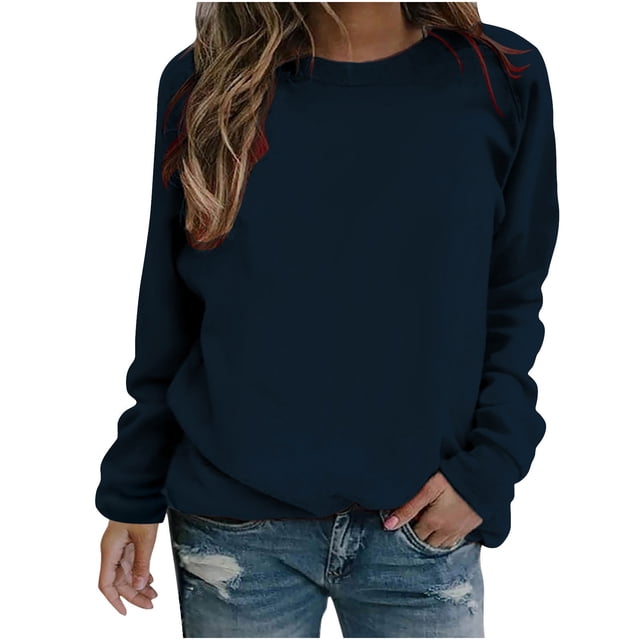 Yuyuzo 2025 Automne Chandail Sport Uni pour Femme Décontracté Ample à Col Rond Raglan à Manches Longues Chandail Tunique Hauts Bleu Foncé A1