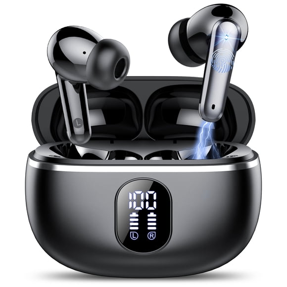 Écouteurs Sans Fil 50 H de Lecture Affichage de l'Alimentation à DEL Écouteurs avec Étui de Recharge Sans Fil Écouteurs IPX7 Étanches Intra-Auriculaires avec Micro Compatibles pour iPhone Android Noir