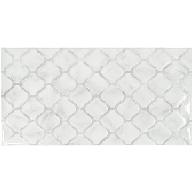 SMART TILES PEEL & STICK BACKSPLASH - ARABESCO WHITE - 2 Pieces 22.56 x 11.58 showing two rectangular self-adhesive backsplash tiles with a white arabesque pattern and light grey marble veining, designed for easy DIY installation in kitchens and bathrooms as durable wall décor.
