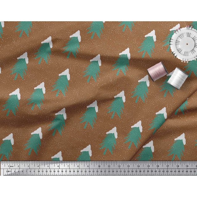 Soimoi Silk Fabric Snow & Tree Christmas Print Sewing Fabric Yard 42 Inch Wide