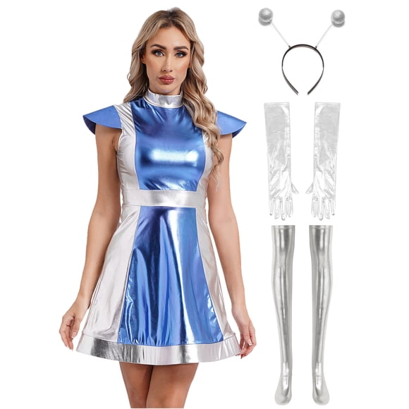 Yartina Womens 4 PCS Alien Costume Sets Metallic Shiny Suits Bodycon Mini Dress Sets Cosplay Dress up Blue XL