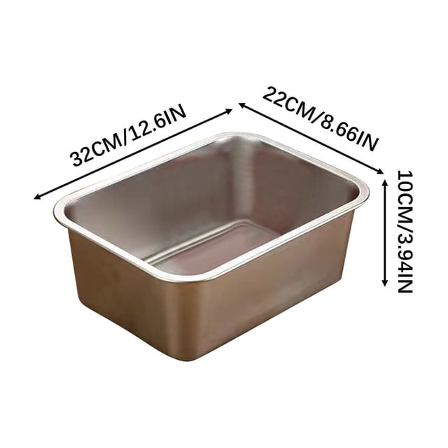 Stainless steel cat litter box with a non-stick surface, rustproof and easy to clean. The rectangular pan features rounded edges and measures 32 cm (12.6 in) in length, 22 cm (8.66 in) in width, and 10 cm (3.94 in) in height. Suitable for cats, rabbits, and other small pets, this durable litter tray is designed for long-lasting use and easy maintenance.