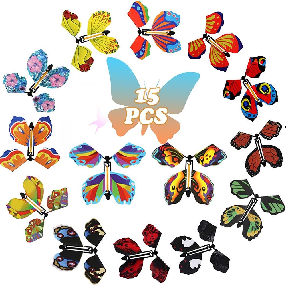 CHOK Magic Flying Butterfly  15PCS Fairy Flying Toys  with Rubber Band Powered Butterfly Toys Gift Decoration for Colorful Bookmark and Greeting Card Surprise Gift