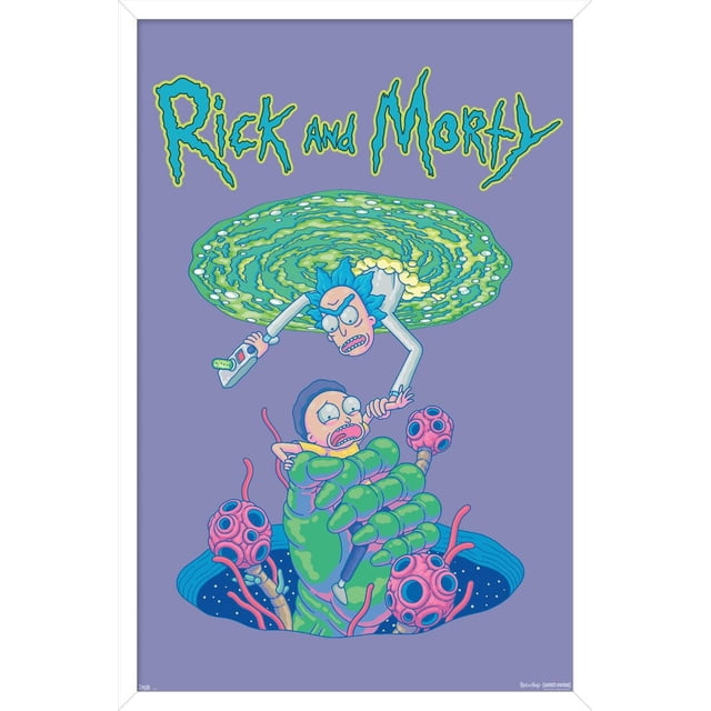 Rick And Morty - Portal Fall Wall Poster, 22.375" x 34" depicts Rick with blue hair and a white lab coat emerging from a green swirling portal holding a futuristic gun, reaching for Morty trapped in a large green alien hand with pink tentacles, on a purple background. This glossy poster is suitable for home décor and party use.
