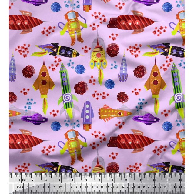 Soimoi Velvet Fabric Rocket,Planet & Astronaut Cartoon Decor Fabric Printed Yard 58 Inch Wide