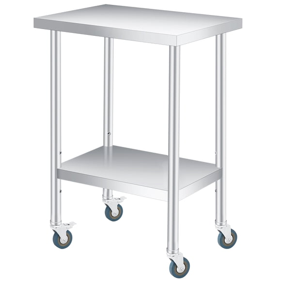 Table d'Appoint Extérieur à 2 Niveaux en Acier Inoxydable avec Roues – Table de Préparation pour Patio Robuste, Tablette de Rangement Ajustable, Roulettes Verrouillables, Résistant à la Rouille – Poste de Travail pour Cuisine, Restaurant – Double Couche, Taille : 18x24x35