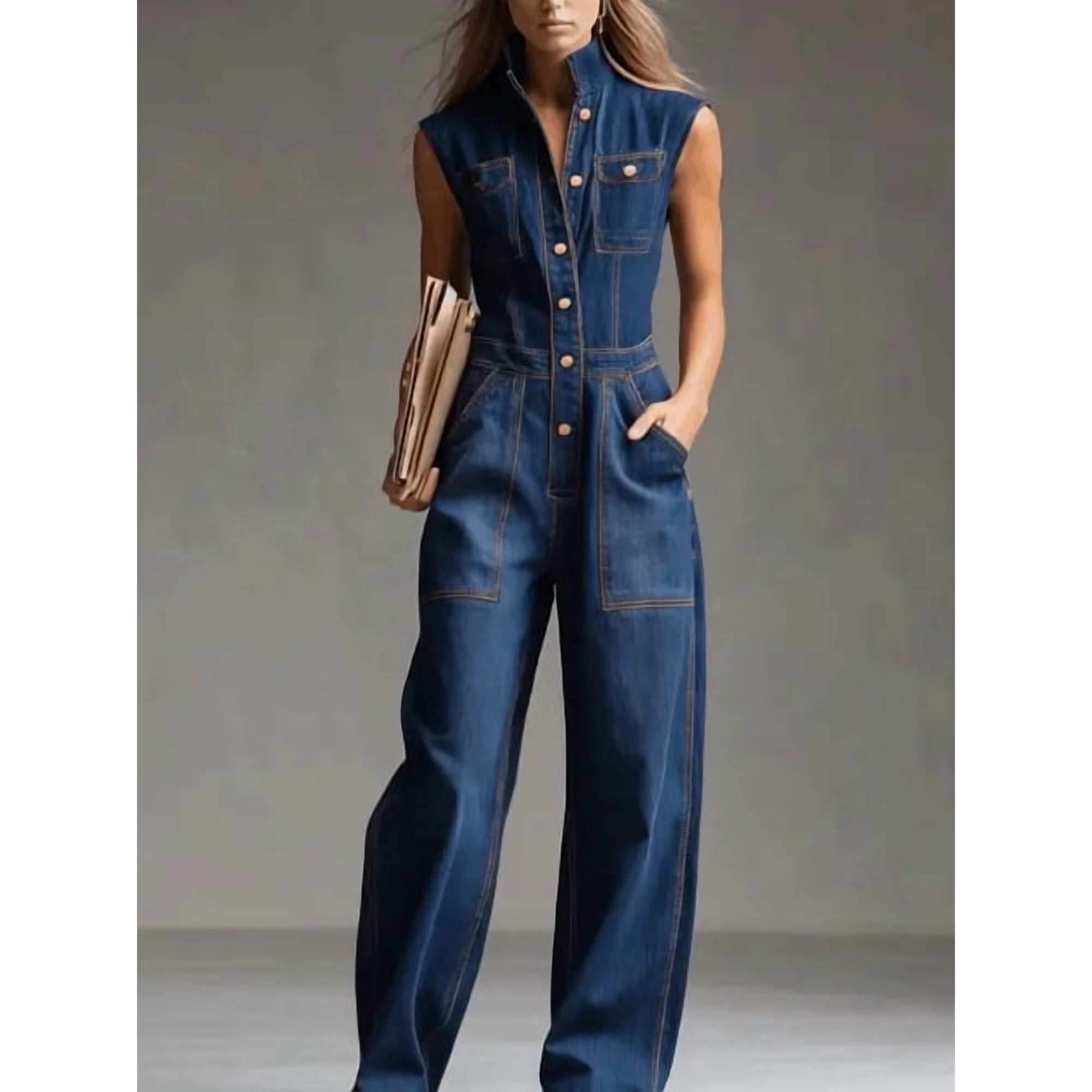 Women's Dark Blue Denim Sleeveless Jumpsuit Stand Collar Button