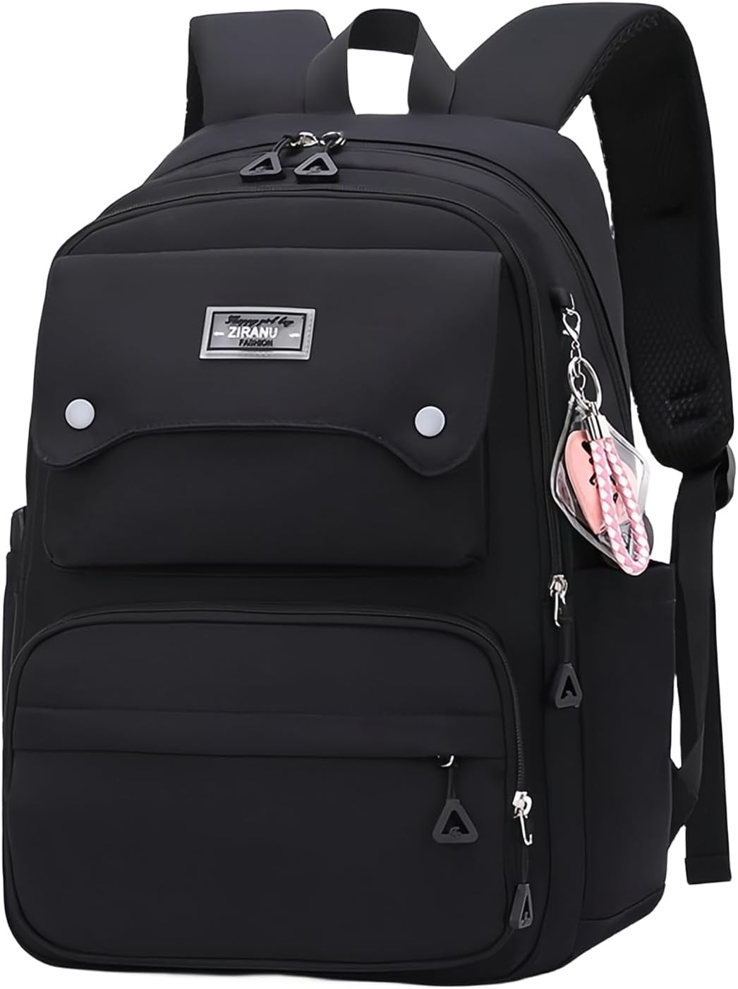 Solid color school bag black backpack for teen girls, multi-pocket elementary school girl school bag, lightweight casual backpack