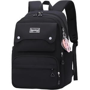 Solid color school bag black backpack for teen girls, multi-pocket elementary school girl school bag, lightweight casual backpack