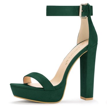BLISSFUL STEP Chaussures pour Femmes en Faux Suède à Bride à la Cheville à Bout Ouvert à Talon Épais Haut Sandales à Plateforme Vert Foncé 10.5
