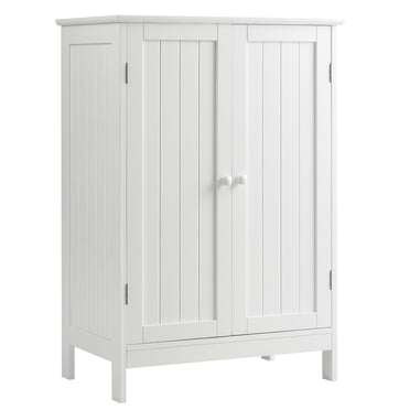 Gymax Armoire de Rangement de Salle de Bain Autoportante Armoire de Plancher en Bois avec Doubles Portes Blanc