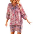 thumbnail image 2 of Babysbule Robes d'Été pour Femmes Liquidation Mode pour Femmes Bohème Col en V Ample Manches 3/4 Imprimé Robe Courte, 2 of 9