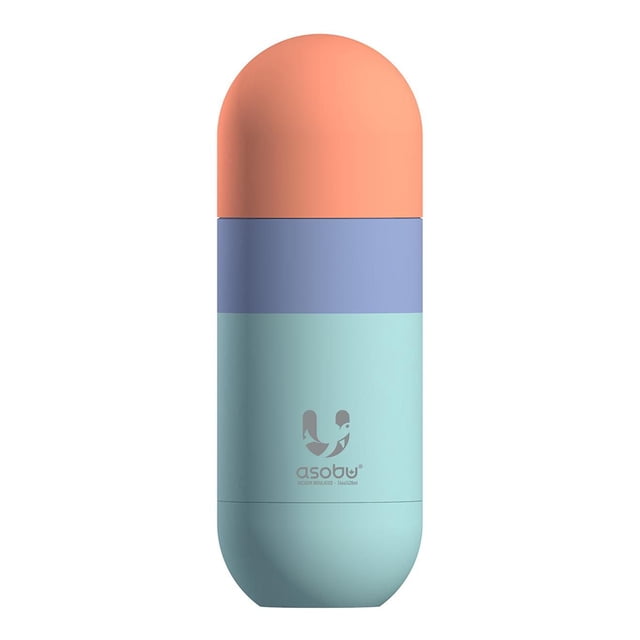 Asobu Bouteille en Forme de capsule avec Couvercle Pêche Mat, Bande Bleu Pervenche Mat et Corps Bleu Sarcelle Pâle Mat, Acier Inoxydable Isolé sous Vide Pouvant Contenir 14 Onces, Gardant les Boissons Chaudes jusqu'à 12 Heures Ou Froides jusqu'à 24 Heures, avec Couvercle à Vis Qui Fait Aussi Office de Tasse.