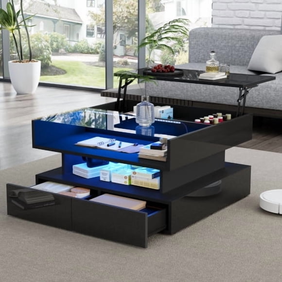 31.4 Inch Black Lift Up Coffee Table, Particle Board High Gloss Side Table with Glass Tabletop, App LED Lights & 2 Drawers for Living Room Reception
