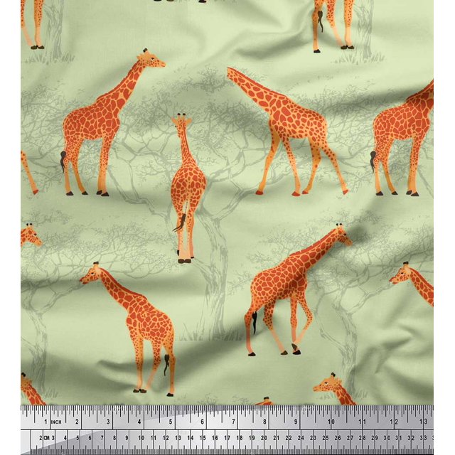 Soimoi Beige Rayon Fabric Giraffe Forest Print Fabric by The Yard 42 Inch Wide
