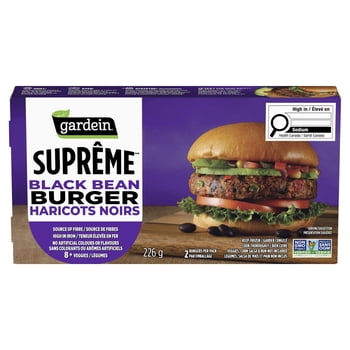 Gardein Burger suprême aux haricots noirs surgelé, Source de fibres, Teneur élevée en fer, Végane, Vérifié par le projet Non-OGM Burger aux haricots noirs Suprême MC Gardein 226 g