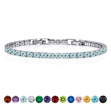 JeenMata 5.5 Carat Round Cut March - Aquamarine - Birthstone Tennis Bracelet Eternity Design - White Gold Plating, Female, Adult
