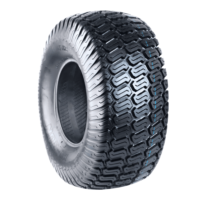 Hi-Run SU05 Riding Mower 13X5.00-6 Front 2PR Turf Lawn and Garden Tire showing a 3/4 close-up of the black tubeless 2-ply tire with rounded-shoulder directional block tread, 3.8/32-inch shallow tread depth, and wide 5-inch footprint for stable, low-impact lawn use, ideal for front caster replacement on residential riding mowers.