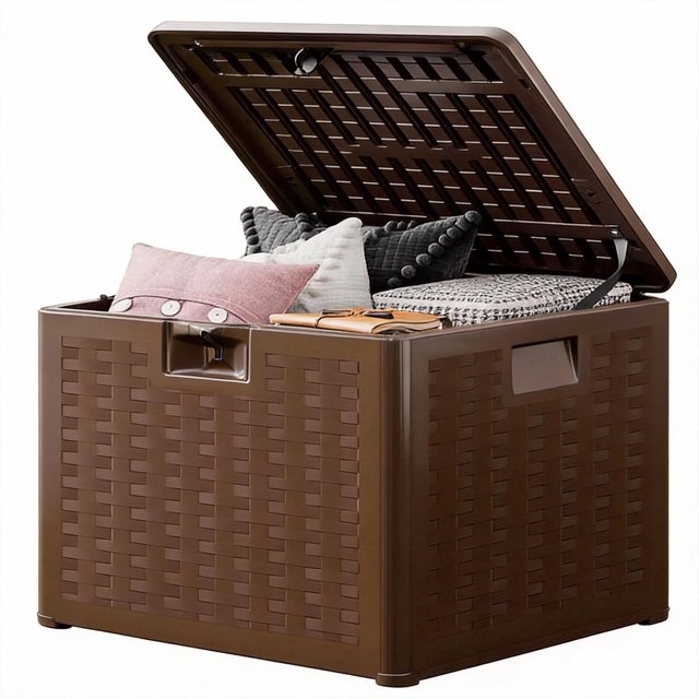 YUSAZENS 28 Gallon Lockable Resin Outdoor Deck Box Weatherproof UV Resistant Waterproof Storage Container Brown
