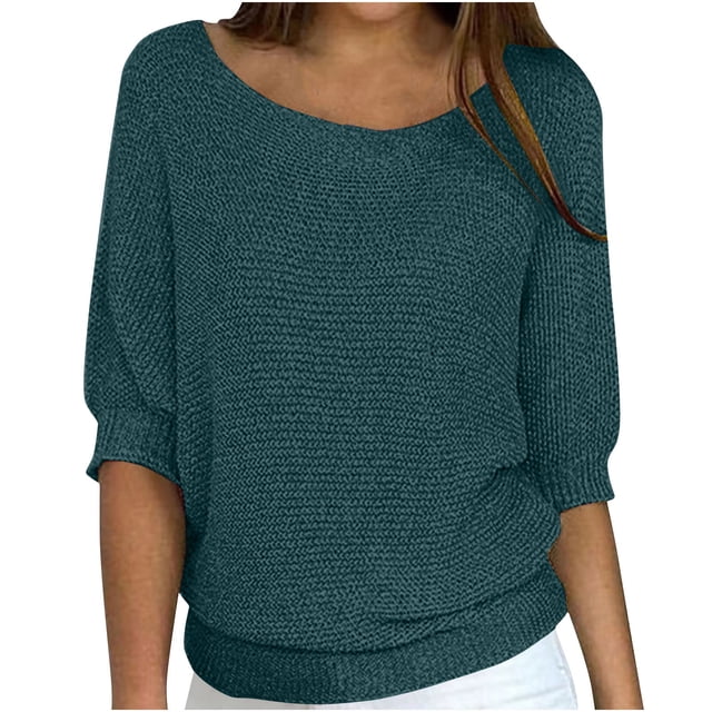 UAMVSH Chandails Grande Taille pour Femmes Décontractés à Manches Mi-Longues, Col Rond, Chandail Doux d'Automne, Hauts Amples, Couleur Unie, Chandails Tricotés de Base (4X-Grand, Bleu)
