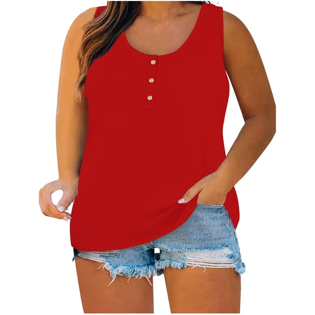 Timegard Camisoles pour Femmes Grande Taille Col Rond à Boutons Sans Manches Confortables Décontractées Amples Hauts T-Shirt Basique