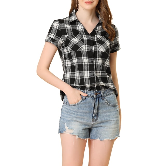INSPIRE CHIC Chemises à Carreaux pour Femmes Col en Pointe Boutonnées Blouses de Rentrée Noire G