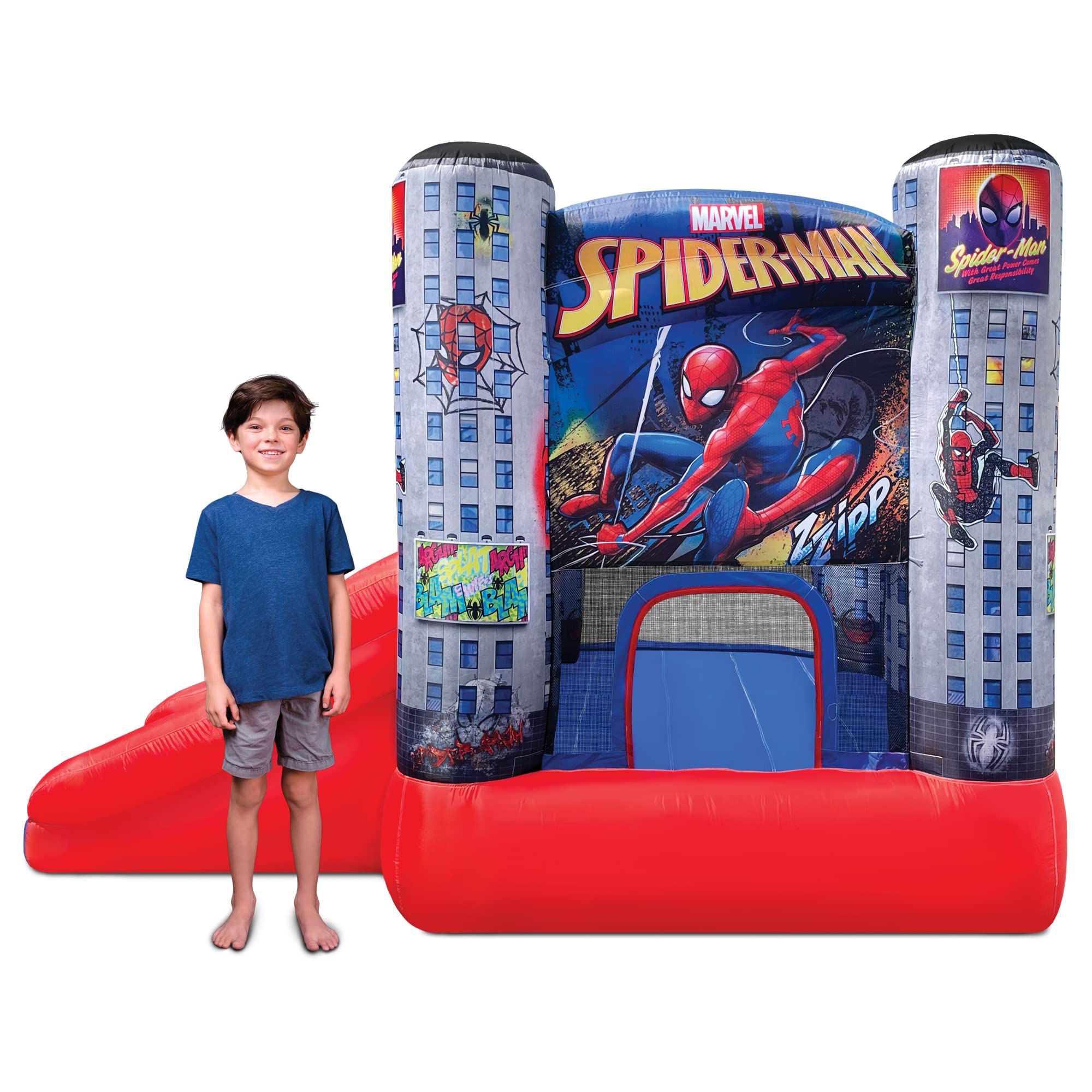 Funormous Disney Spider-Man Outdoor Inflatable Bounce House with Slide, Plus Heavy Duty Air Blower with GFCI for Kids Ages 3-8 Years
