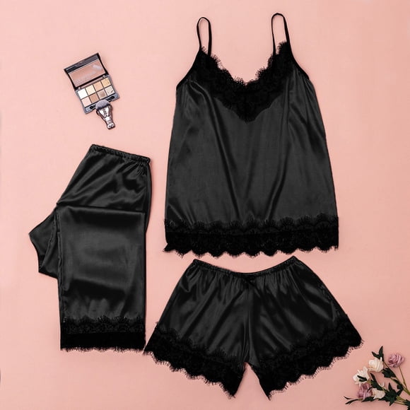 Mefallenssiah Women'S Plus Size Pants 3Pc Women Lace Satin Sleepwear Lingerie Camisole Bow Trousers Casual Pajamas Reduced Price