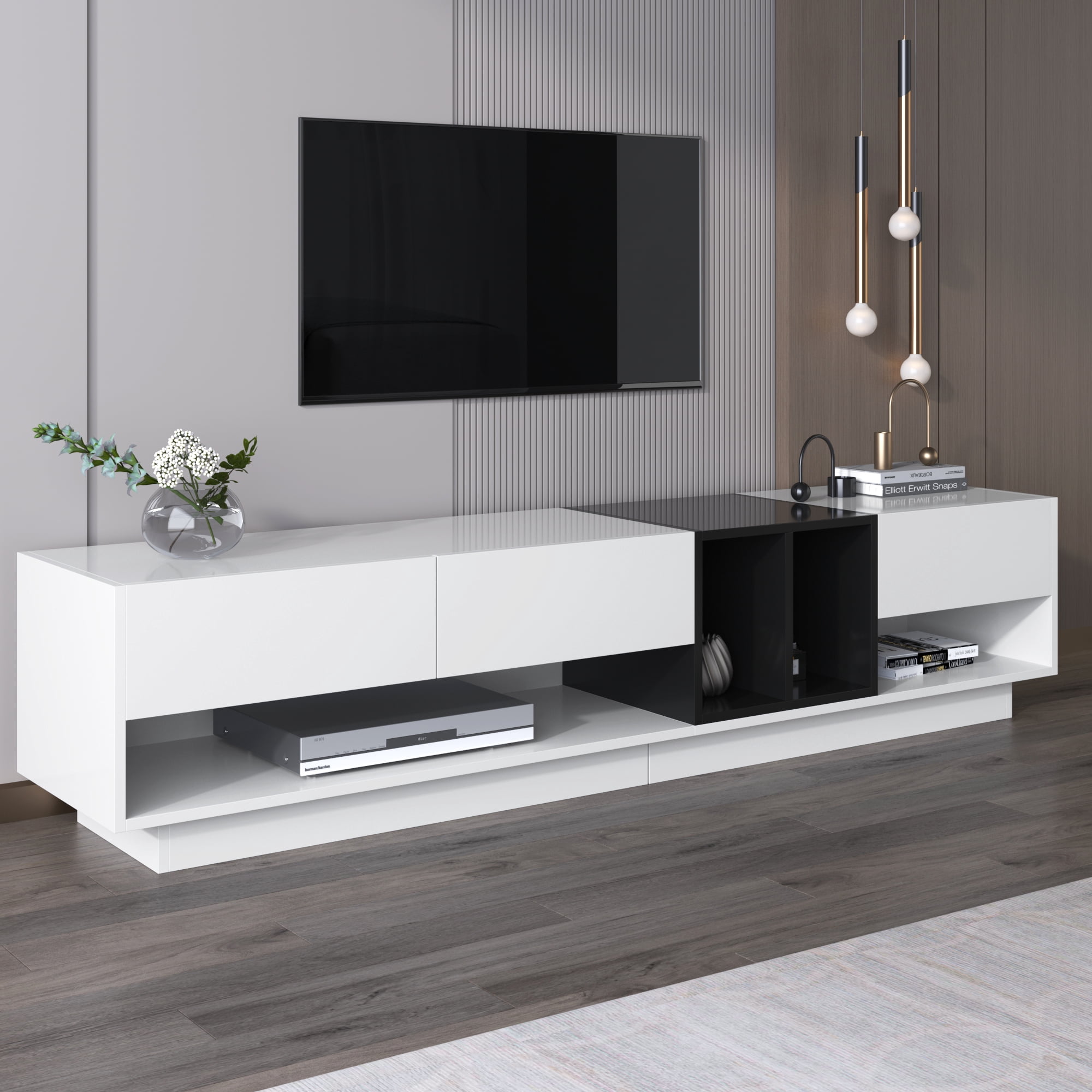 Noble House Meuble TV & Bas, Blanc Brillant & Noir à Blocs de Couleur, Rangement Multiple avec Tiroirs & Compartiments