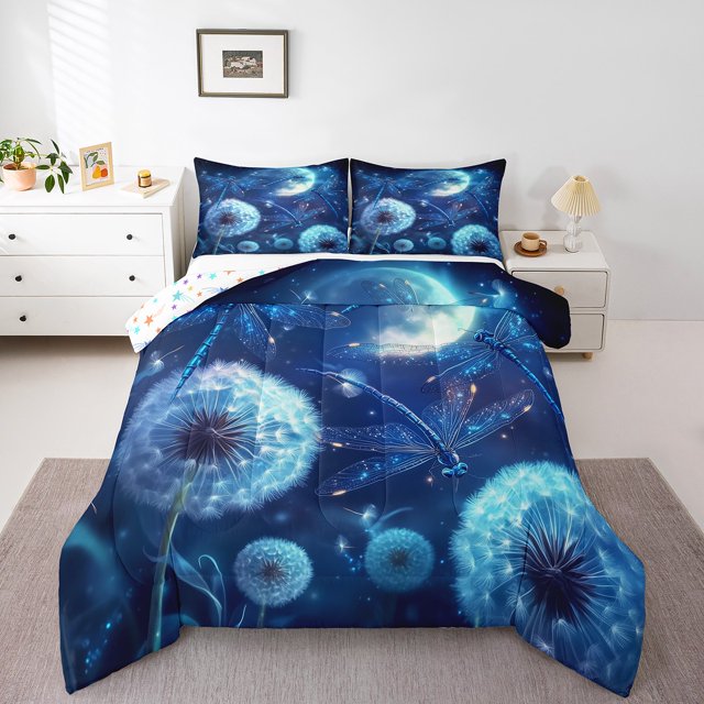 Erosebridal Literie Pissenlit Rêveur Ensemble de Couette Grand, Couette Chic Libellule, Décor Animal Botanique, Réversible 3 Pcs, Réversible