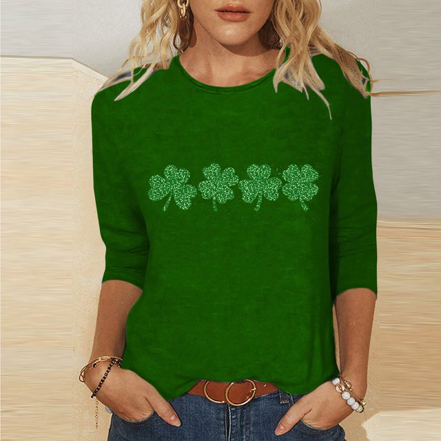 Lolmot T-Shirt Ample à Manches Trois-Quarts et Col Rond Imprimé pour la Saint-Patrick pour Femmes