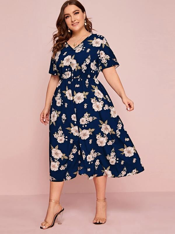 U.Vomade Women's Plus Size Dress Floral Button Dress