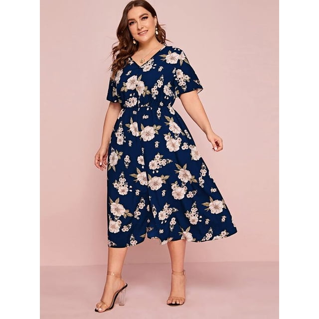 U.Vomade Women's Plus Size Dress Floral Button Dress