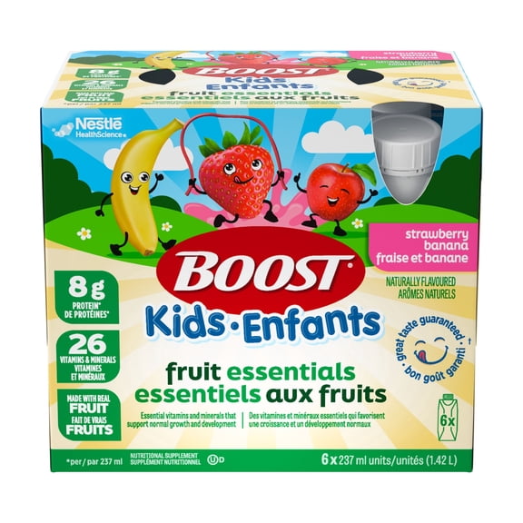 Boost Boost Enfants Essentiels Fraise Et Banane, Supp. Nut. Pour Enfants De 4-12 Ans, Purées De Vrais Fruits, 8 G De Prot., 26 Vit. Et Min., Soutien Immunitaire, Sans Gluten, Kasher