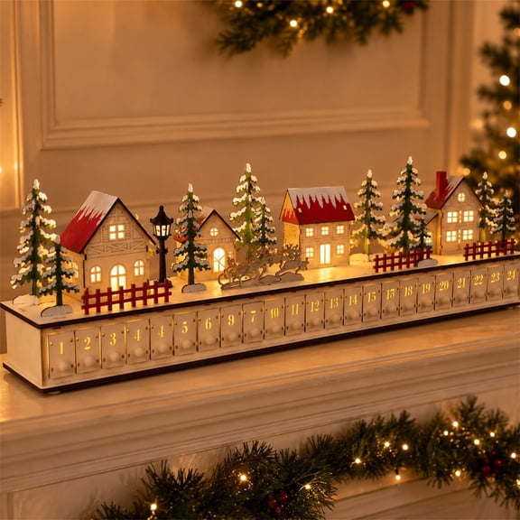 Décor de Noël Intérieur - Calendrier de l'Avent de Village de Noël en Bois avec Lumières DEL et 24 Tiroirs