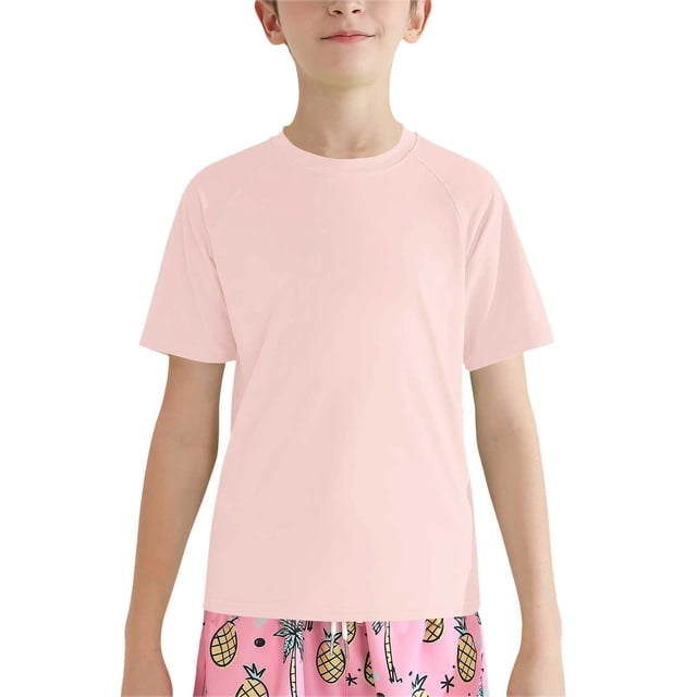 XIMIN Baby Boys Rash Guard Solid Color Shirts Short Sleeve Quick Dry Swim Shirts UPF 50+ Sun Protection for Kids Athletic Summer Shirt (7-8 Years, Pink)
