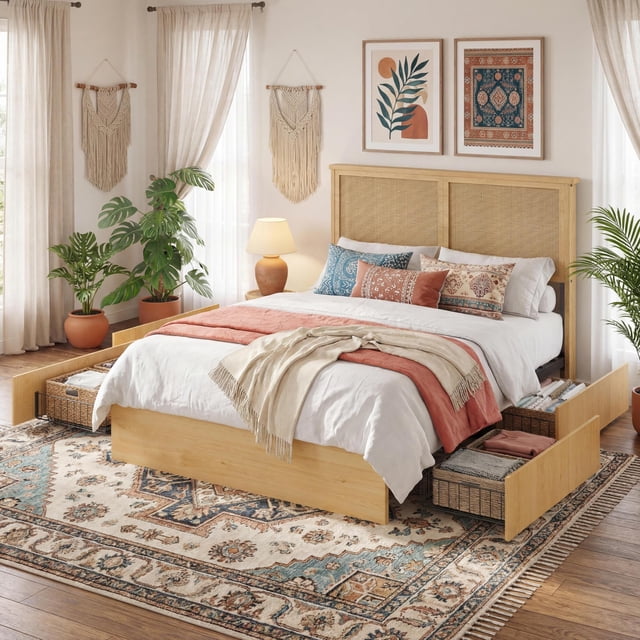 Light Ratta Headboard PioneerWorks Queen Bed Frame with 4 Drawers, Bohemian Platform Bed ...