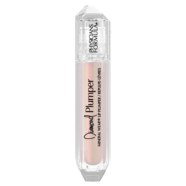 MINERAL WEAR DIAMOND GLOW LIP PLUMPER LIGHT PINK PRINCESS CUT by Physicians Formula, a clear faceted tube containing light pink iridescent lip gloss with genuine diamond dust for ultra-hydrating, plumping, and glossy lips, suitable for sensitive skin and cruelty-free, often used as a hydrating lip serum.