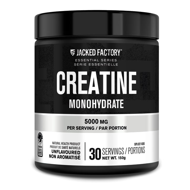 Jacked Factory Creatine Monohydrate Powder 150g container, featuring 5000mg of pure creatine monohydrate per serving. This unflavored supplement offers 30 servings and is Informed Choice Certified, designed to support increased muscle mass, strength, power, and performance. The black and silver packaging highlights its essential series branding and cGMP-certified manufacturing.