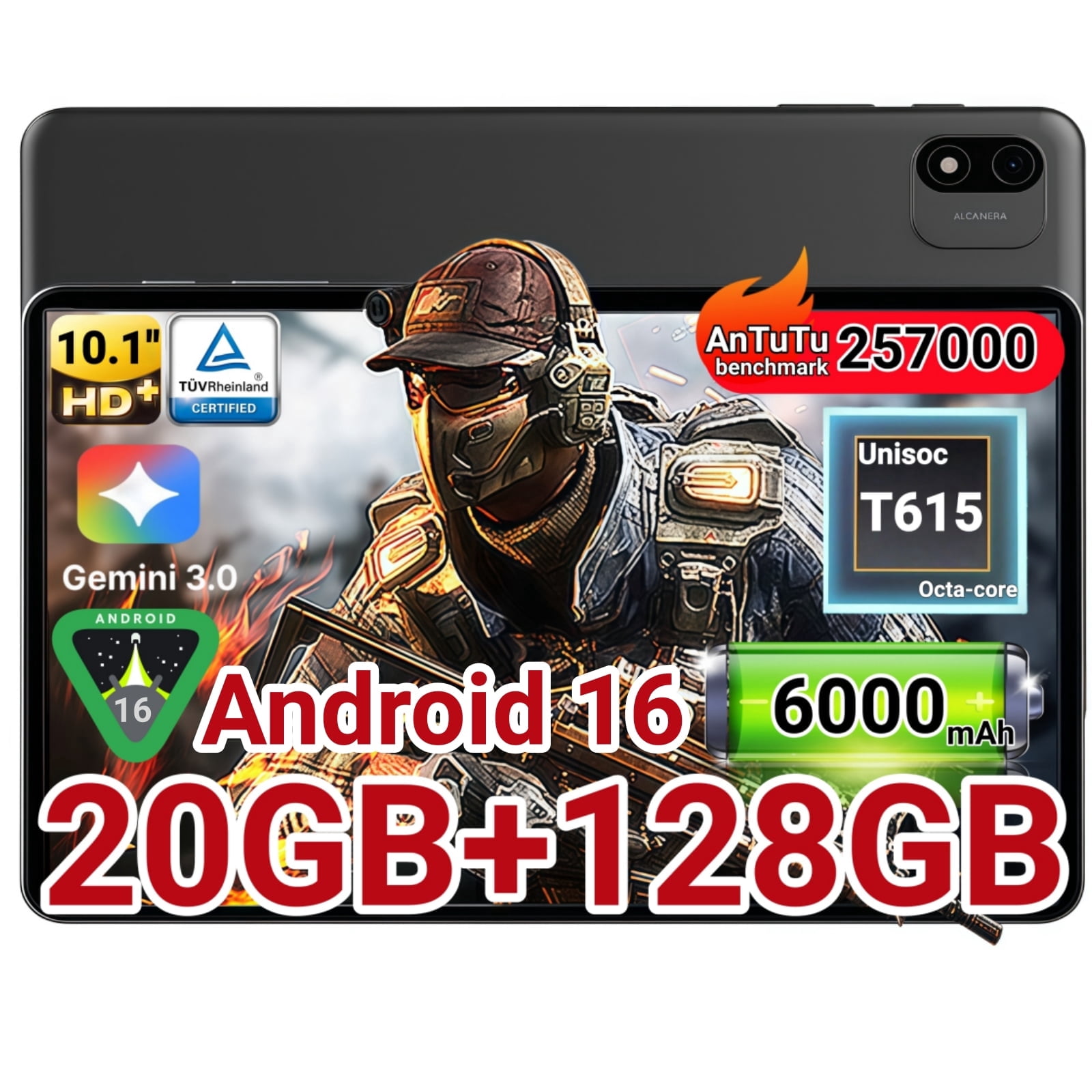 Alphawolf L2S Tablet 2026, 10.1'' Android 16 Tablet with Octa-core T615 Processor, 20GB (8+12) GB RAM 128GB ROM/2 TB Expansion HD IPS Touchscreen, BT 5.0, Dual Camera, Widevine L1