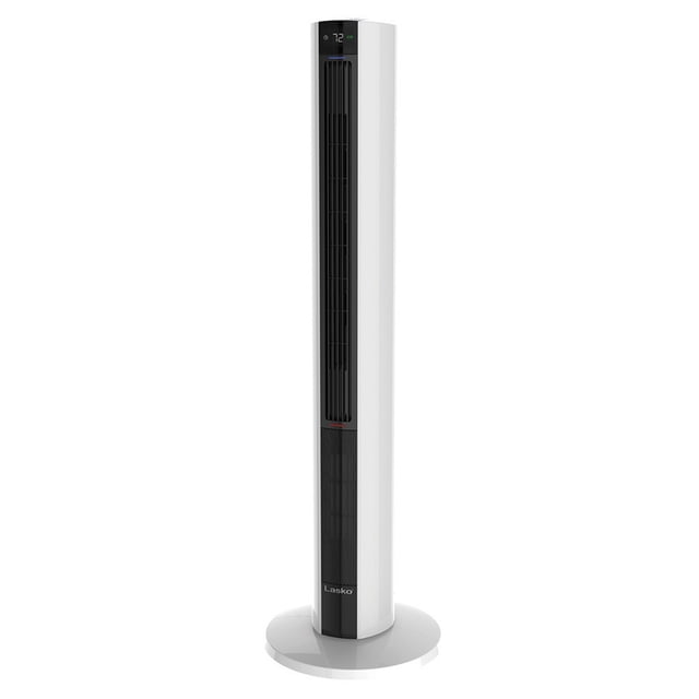 Lasko LKO-FH500 41.8 Inch Tall Remote Control Tower Fan and Heater in white, featuring a slim, high-reaching tower design with a small footprint. Includes 4 quiet fan speeds, 3 heat settings, and a heater/fan combination mode. Equipped with an AutoEco thermostat for energy efficiency, a multi-function digital remote with on-board storage, and an easy-to-clean filter. Built-in safety features include a ceramic element, overheat protection, cool-touch housing, and a tip-over safety switch. Dimensions: 12.5 x 12.5 x 41.8 inches.