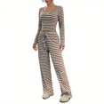 thumbnail image 2 of NJDVHB Économies d'Automne Hiver! Ensemble de Détente pour Femmes, Tenues de Nuit pour Dames, Blouse à Rayures Décontractée Col Rond Manches Longues Mode Short Pyjama, Café, m, 2 of 5